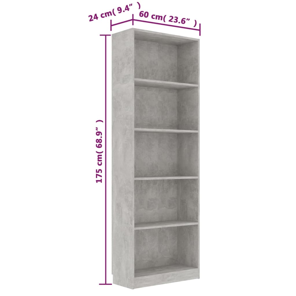 5 Shelf Bookshelf Concrete Grey 60 x 24 x 175 cm Engineered Wood