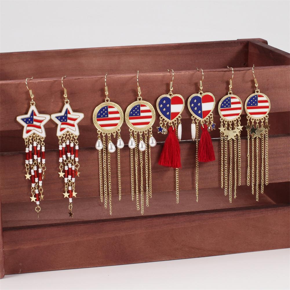 Kolip July 4th Earrings For Women Girls Zinc Alloy Imitation Pearl Drop Dangle Earrings PatrioticFringe Drop Earrings