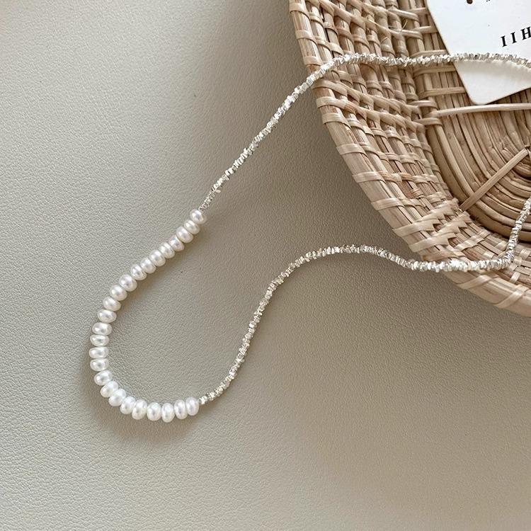 Copper Silver-Plated Small Freshwater Pearl Broken Silver Necklace Femininity Same Bracelet Necklace Set