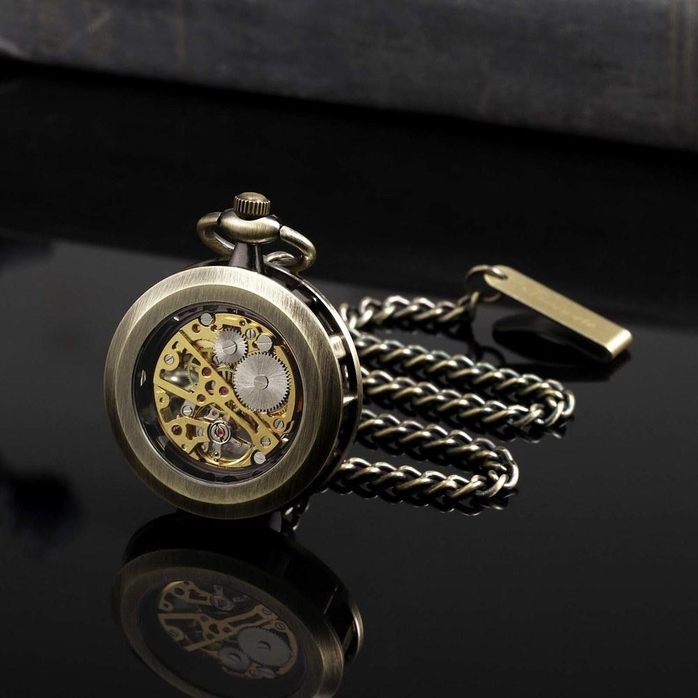 TREEWETO Pocket Watch Hand Wind Antique Mechanical Skeleton Chain Men's Bronze