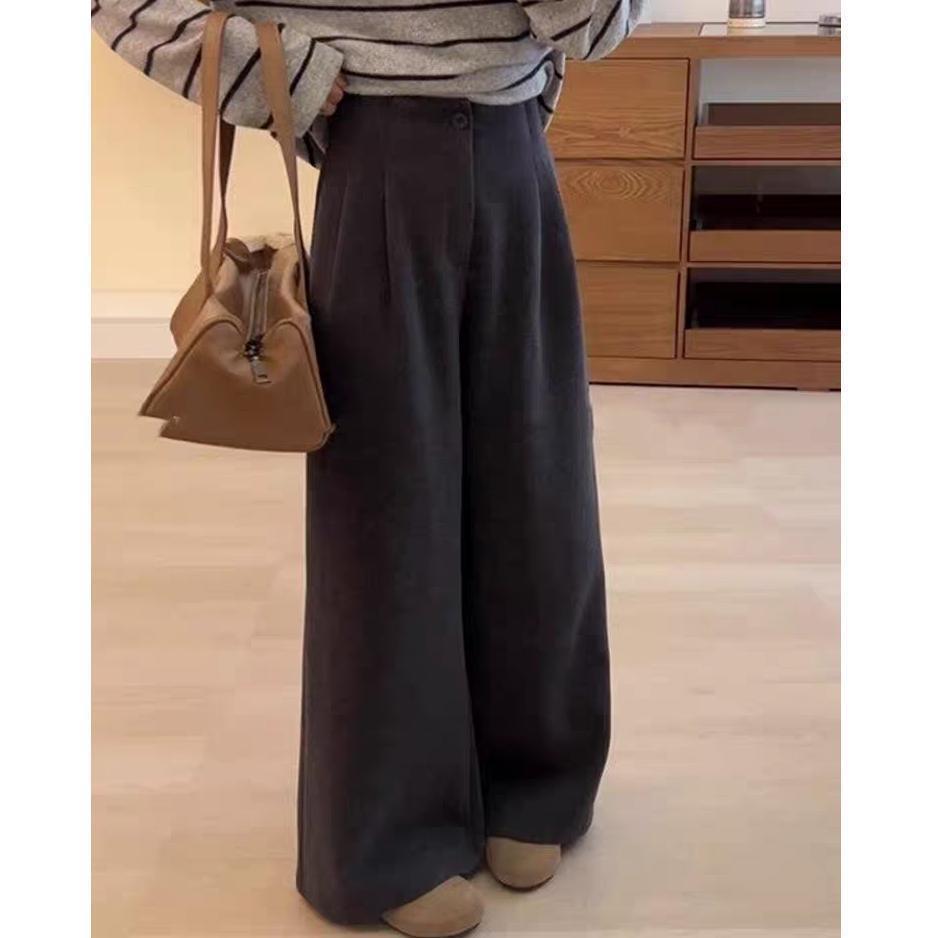 

High-Waisted Woolen Velvet Wide-Leg Pants for Petite - Thickened Casual Fit for Autumn & Winter S suitable for up to 95 lbs