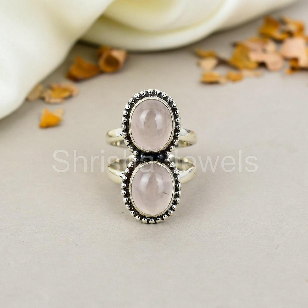 925 Sterling Silver Pink Rose Quartz Gemstone Oval Shape Ring For Women