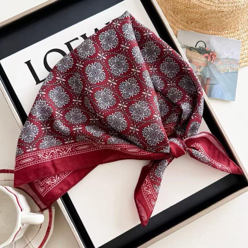 Cotton and linen geometric polka dots retro printed silk scarf women's square scarf high-end shawl sunscreen neck scarf headscarf scarf