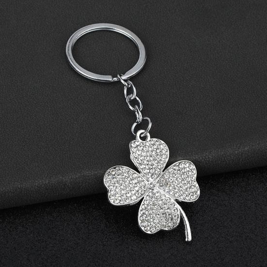 Keychain Pendant Sparkling Rhinestones Inlaid Four-Leaf Clover Design Zinc Alloy Key Chain Electroplated Metal Ring Key Holder Backpack