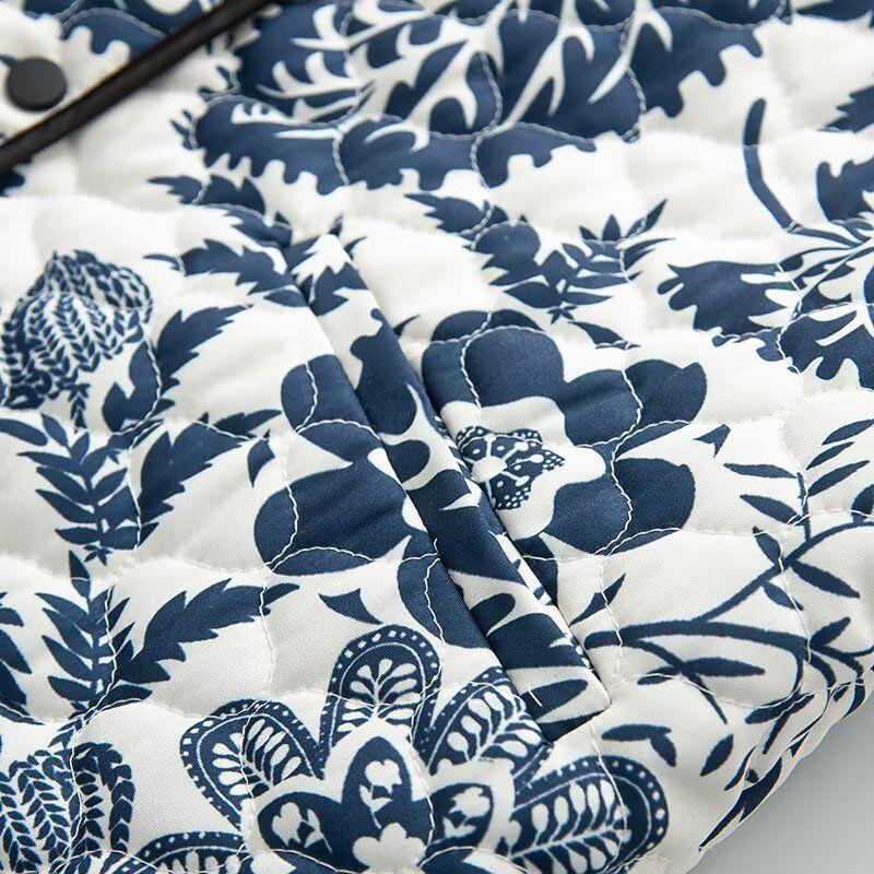 Kaslead New Women clothes Western Style Fashion Print Quilted Cotton Cotton-padded jacket Long sleeve Cotton-Padded Coat