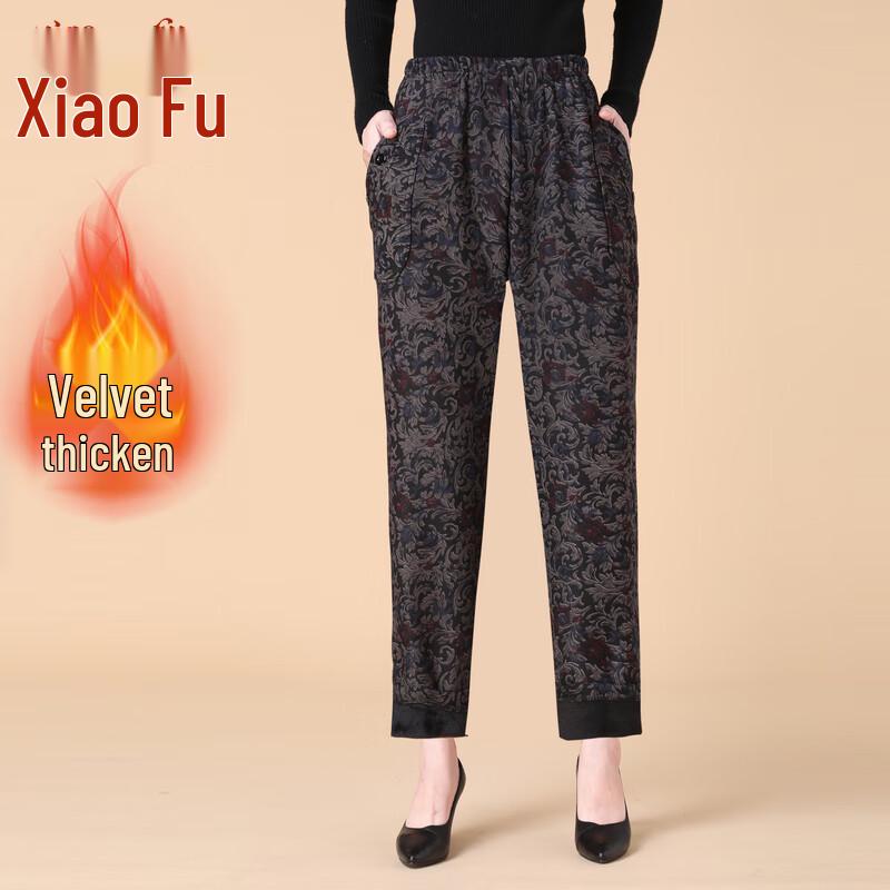 Xiao Fu Senior Women's High-Waisted Loose Floral Fleece-Lined Pants