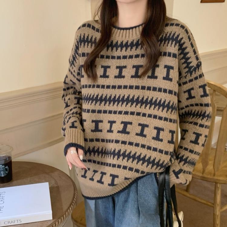 Herbst- und Winter-Pullover für Damen Locker Retro Rundhals Langarmpullover