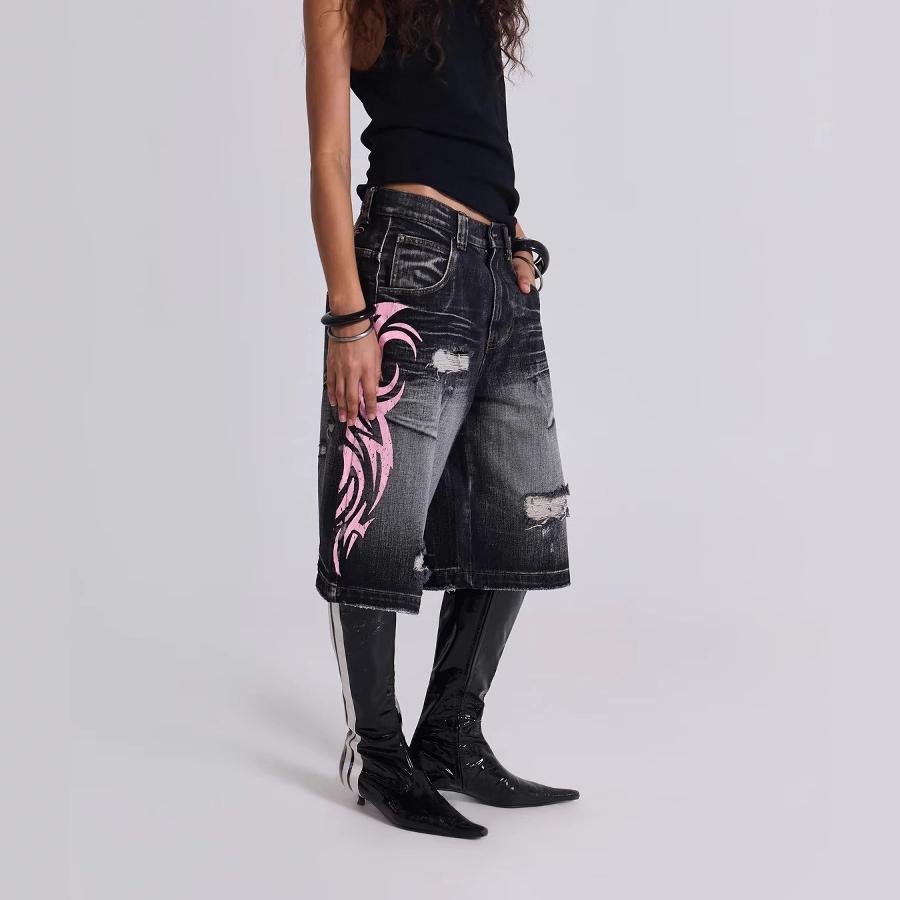 Goth Vintage Print Baggy Jeans Women Street Hip Hop Washing Old High Waisted Jeans Woman Clothing Wide-leg Pants Jean Shorts
