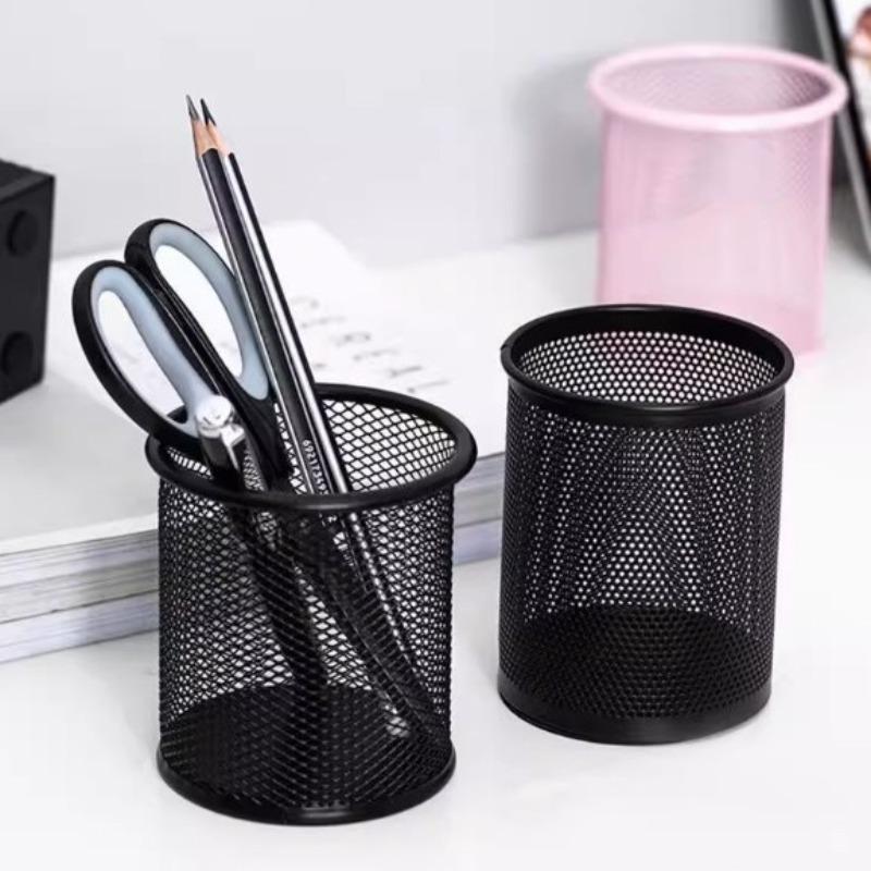 Simple Iron Mesh Pen Holder for Office Supplies, Metal Mesh Ironwork Desktop Storage Bucket for Student Stationery