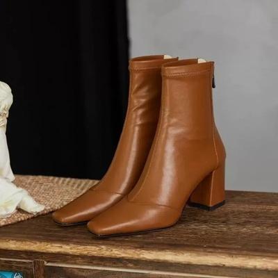 New Style Shoes for Women Ankle Boots for Women Side Zipper Stretch Middle Heel Plus Size Short Boots Pointed Shoes