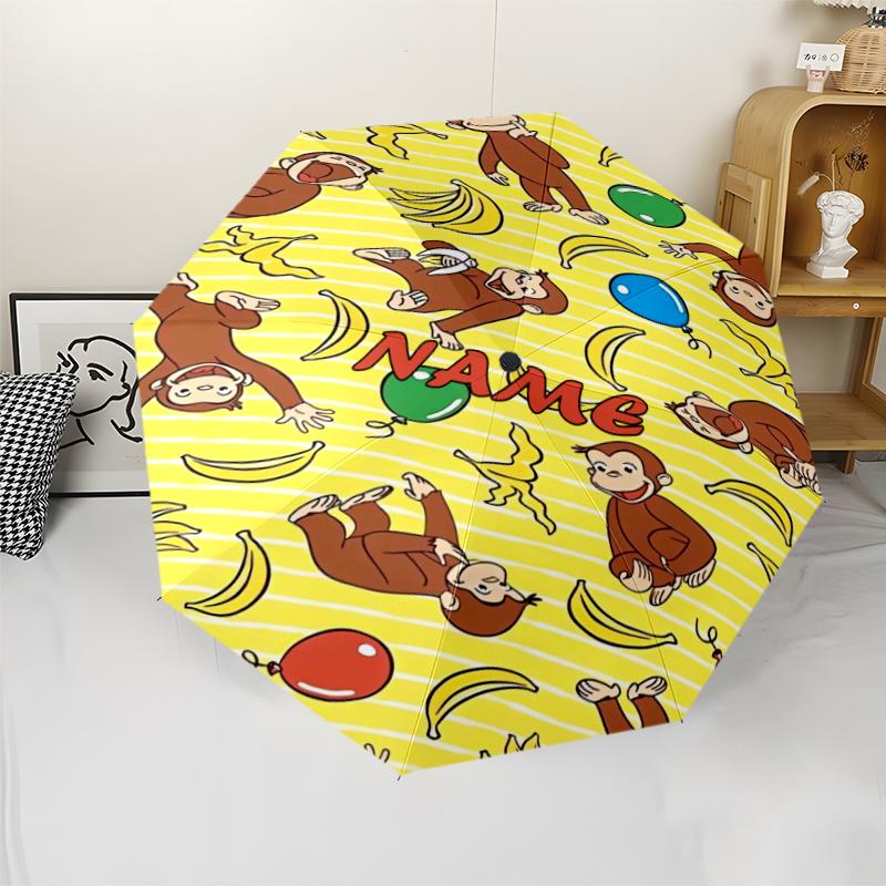 Custom Name Curious George Theme Automatic Umbrella, Lightweight & Portable, 8 Rib, Perfect for Outdoor Travel, Birthdays, Christmas, Gifts.