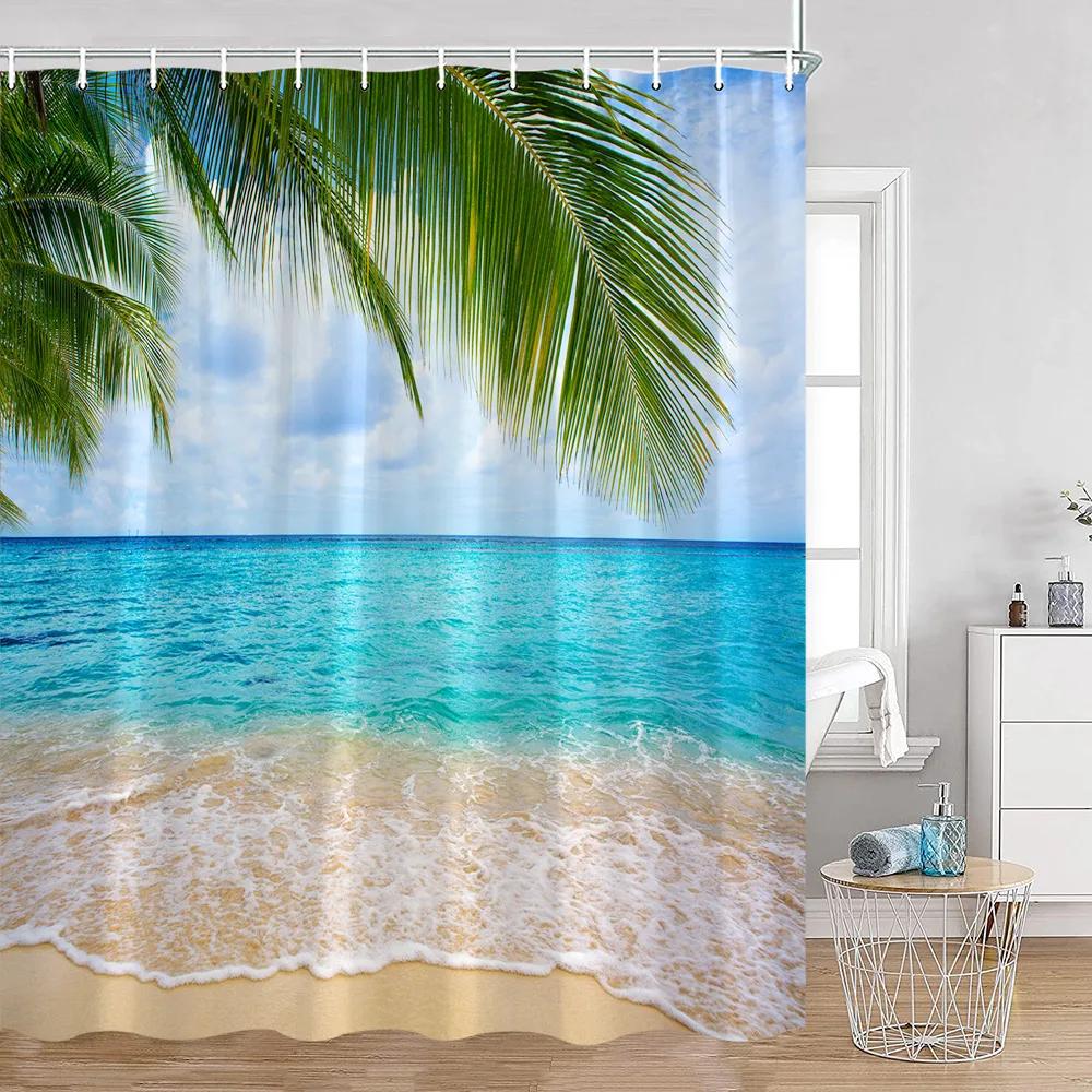 Seaside Beach Shower Curtains Summer Vacation Coconut Trees Seascape Sea Scenery Bathroom Decorations Polyester Bath Curtain