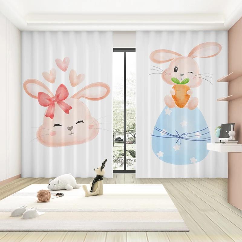Trendy Cartoon Cute Style High Blackout Curtains Pink Bunny Girl Princess Bedroom Living Room Window Shading Curtain 2 Pieces