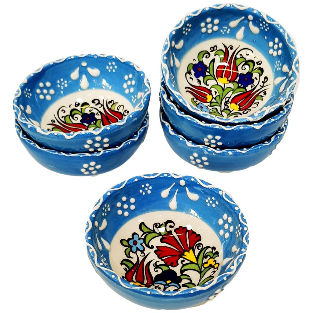 Handmade Light Blue Ceramic Bowls with Traditional Patterns Set of 6
