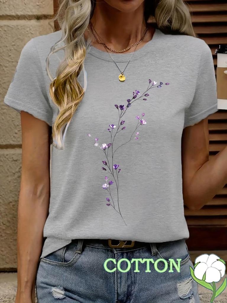 2026 Colorful Floral Round Neck Short Sleeve Casual Pure Cotton T-shirt