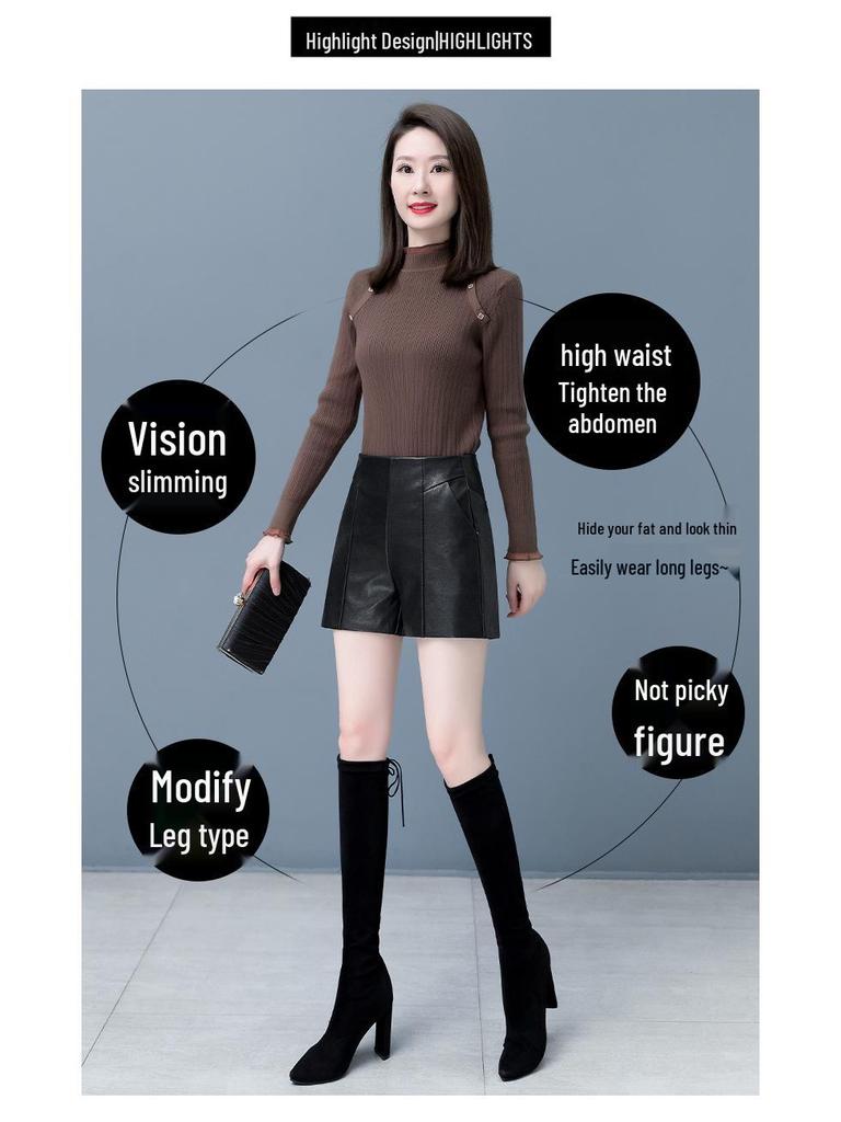 New Women's High-Waist Leather Bootcut Shorts - 2025 Autumn/Winter Sheepskin Outerwear