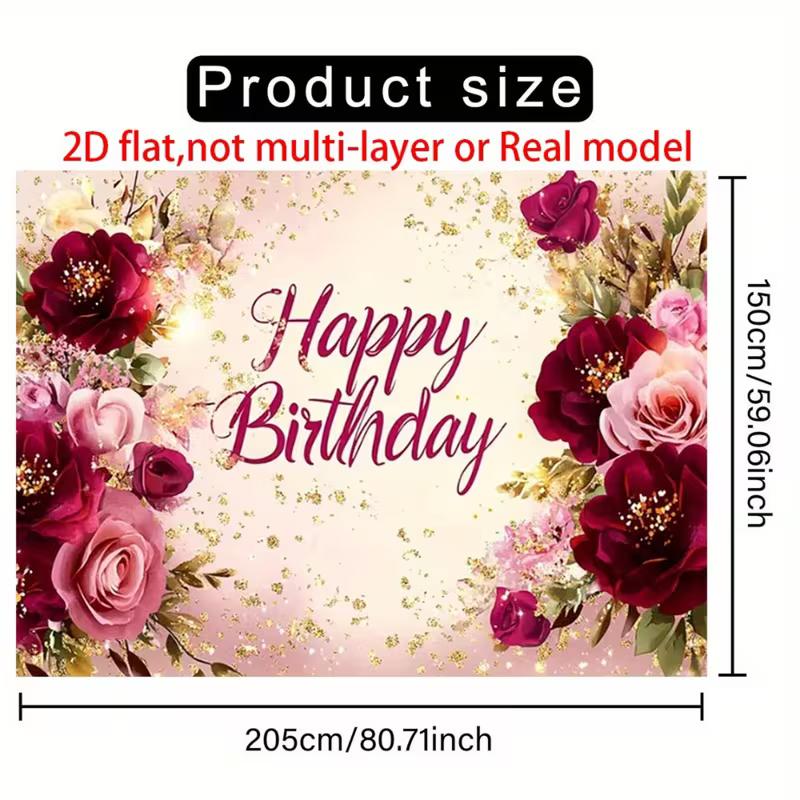

2D Happy Birthday Backdrop Burgundy Pink Floral Gold Glitter Photo Banner Party Decor Background 47.2x31.5inch/120*80cm