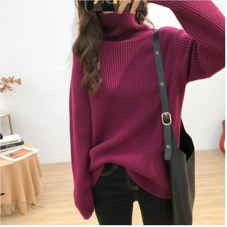 Autumn and Winter Turtleneck Thickened Pit Sweater Women's Large Size Loose Lazy Style Retro Thin Knitted Bottoming Shirt Women