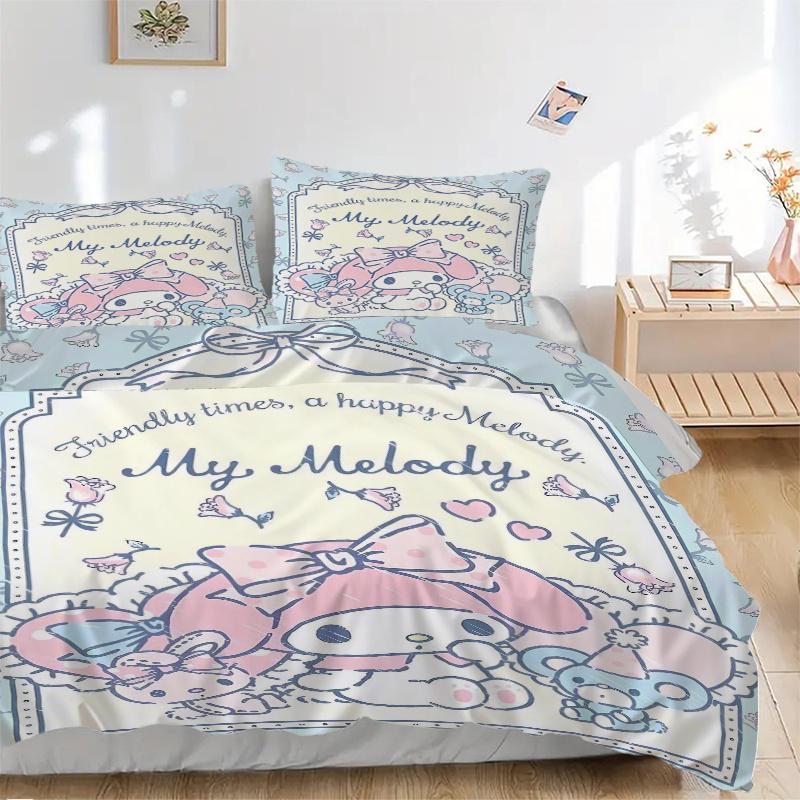 

3pcs Delightful My Melody Bedding Set, Including 1 Quilt Cover and 2 Pillow Shams, Without Filling, Soft and Comfortable Home Bedroom Fabric 135x200cm