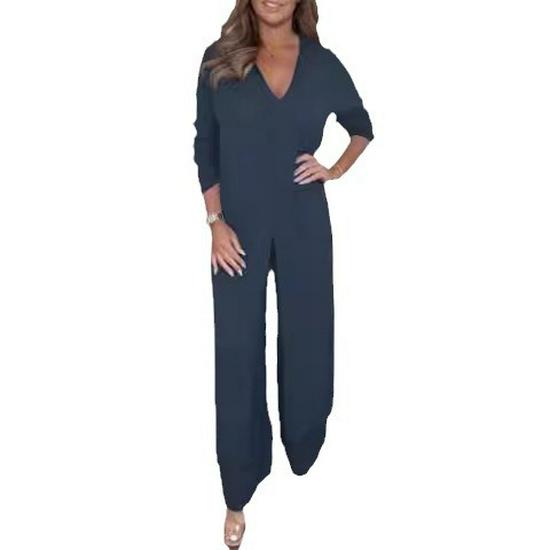 Women's V-Neck Long-Sleeve Slit Top with Wide-Leg Pants - Summer Solid Color Set