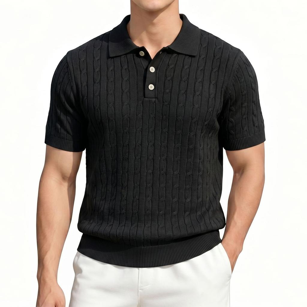 Men's Short Sleeve Polo Shirt Cable Knit Pattern Casual Lightweight Breathable Summer Top Buttoned Neckline