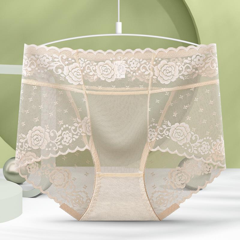 French Sexy Lace Women's Hip Lifting Underwear Mid High Waist Plus Size Seamless Mesh Antibacterial Cotton Triangle Pants