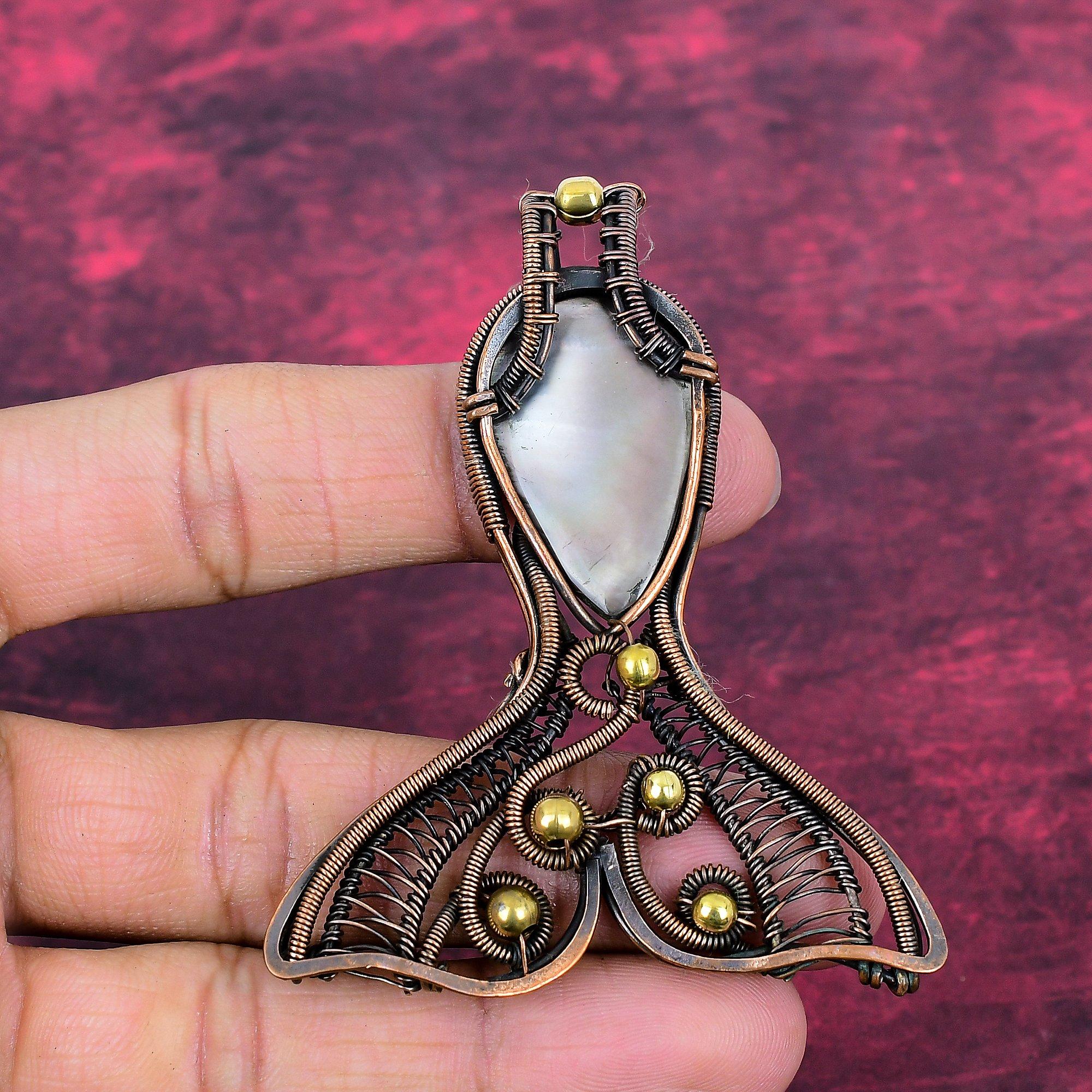 Black Mother Of Pearl Pendant Copper Wire Wrapped Fish Pendant Gemstone Jewelry