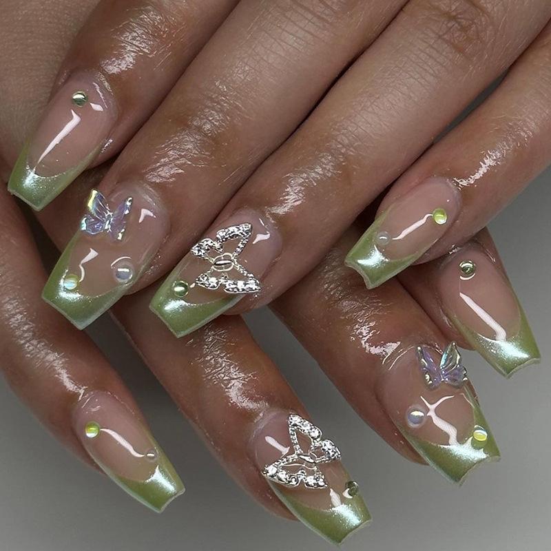 24Pcs Colorful 3D Flower Press On Nails Mid Length Ballet Square False Nails Fashion Wearable Manicure Tips