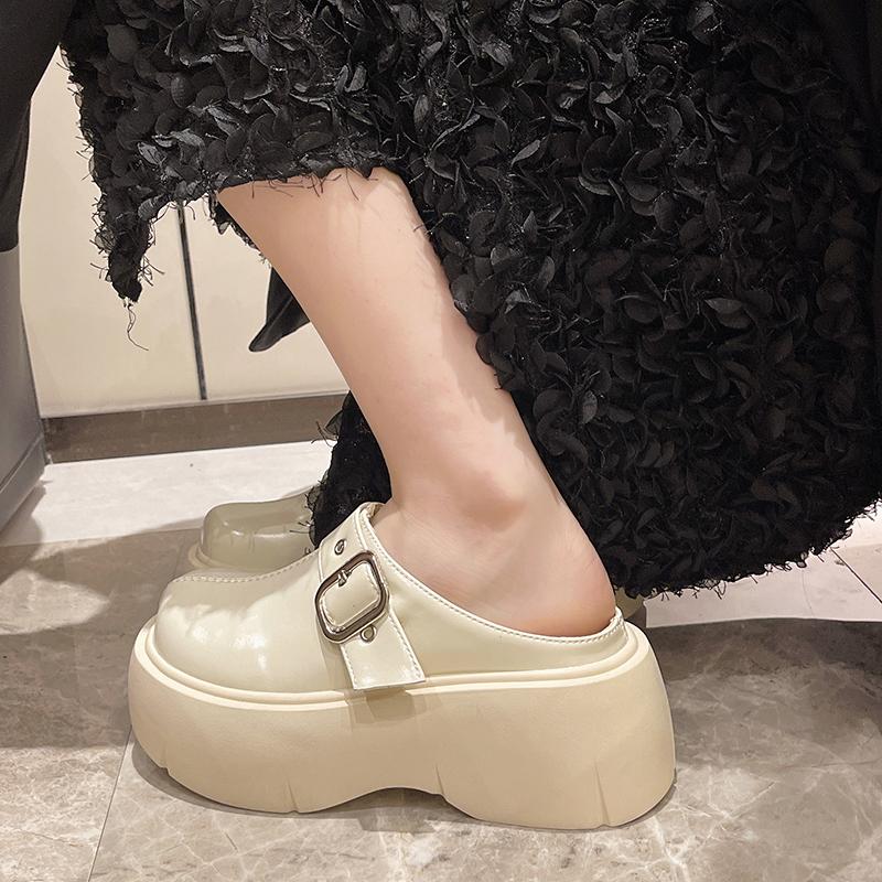 Fashion Baotou Slope Slippers Spring New Round Head Deep Mouth Rivets Metal Buckle Waterproof Platform Non-slip High Heels