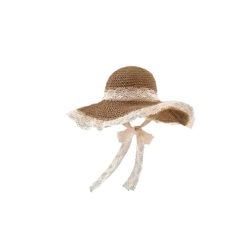 Women's Straw Beach Hat Ins Style Lace-Up Woven Hat Travel Sun Protection Beach Sun Hat Lace Visor Hat