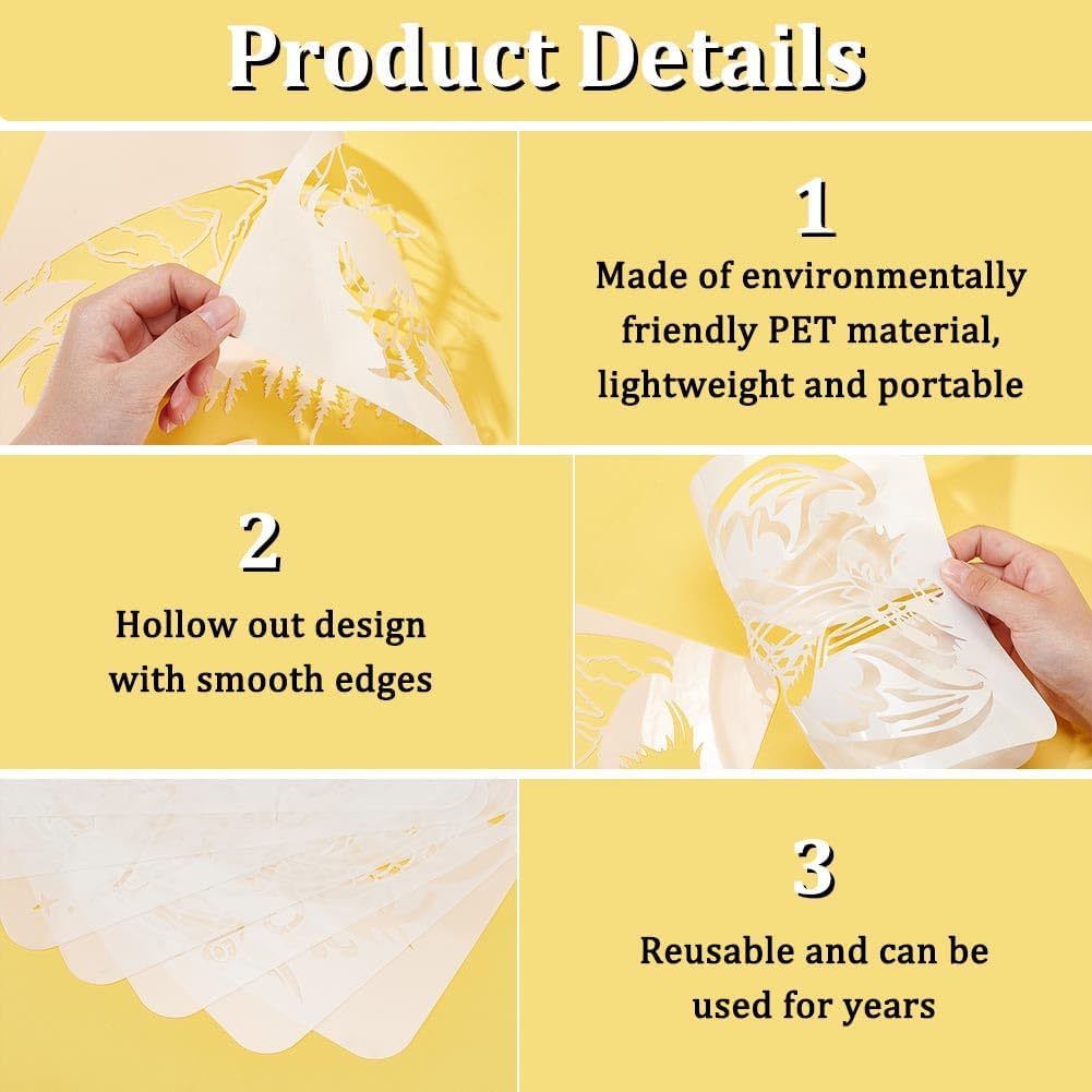 FINGERINSPIRE 9 шт. Трафарет для рисования дракона 9 стилей Китайский азиатский восточный дракон Большой шаблон 8,3x11,7  11,8x11,8  Многоразовый Динозавр Король драконов