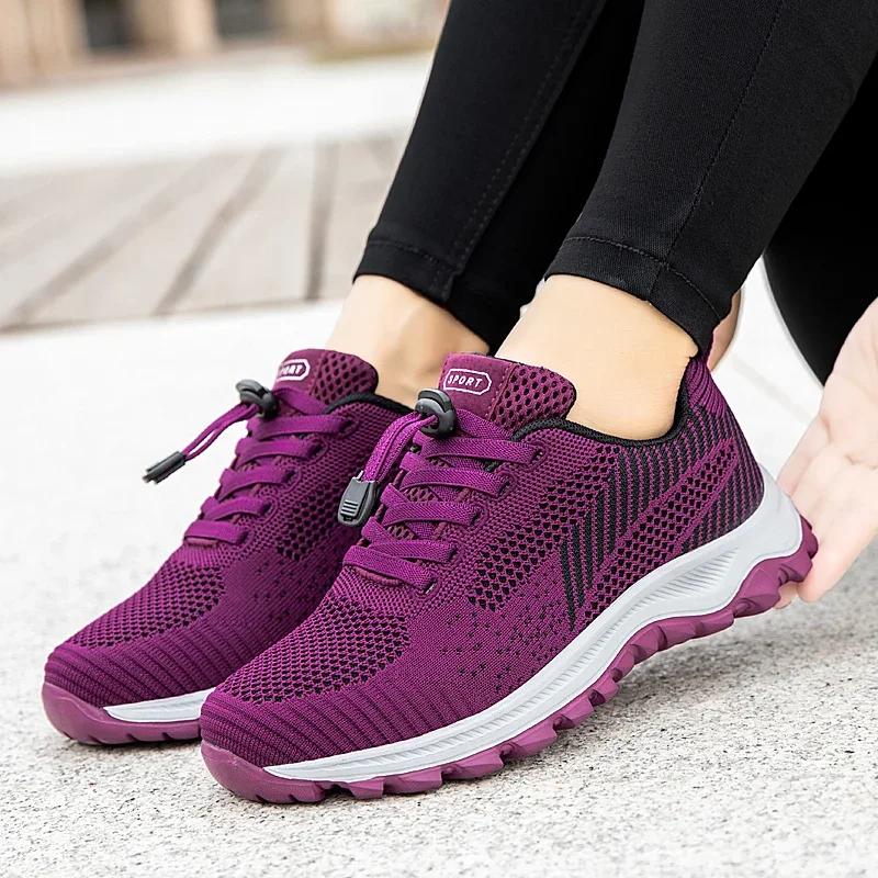 Outdoor Casual Sneakers Ladies Non-Slip Soft Elderly Walking Shoes Spring Flying Woven Breathable Hiking Shoes Women Autumn