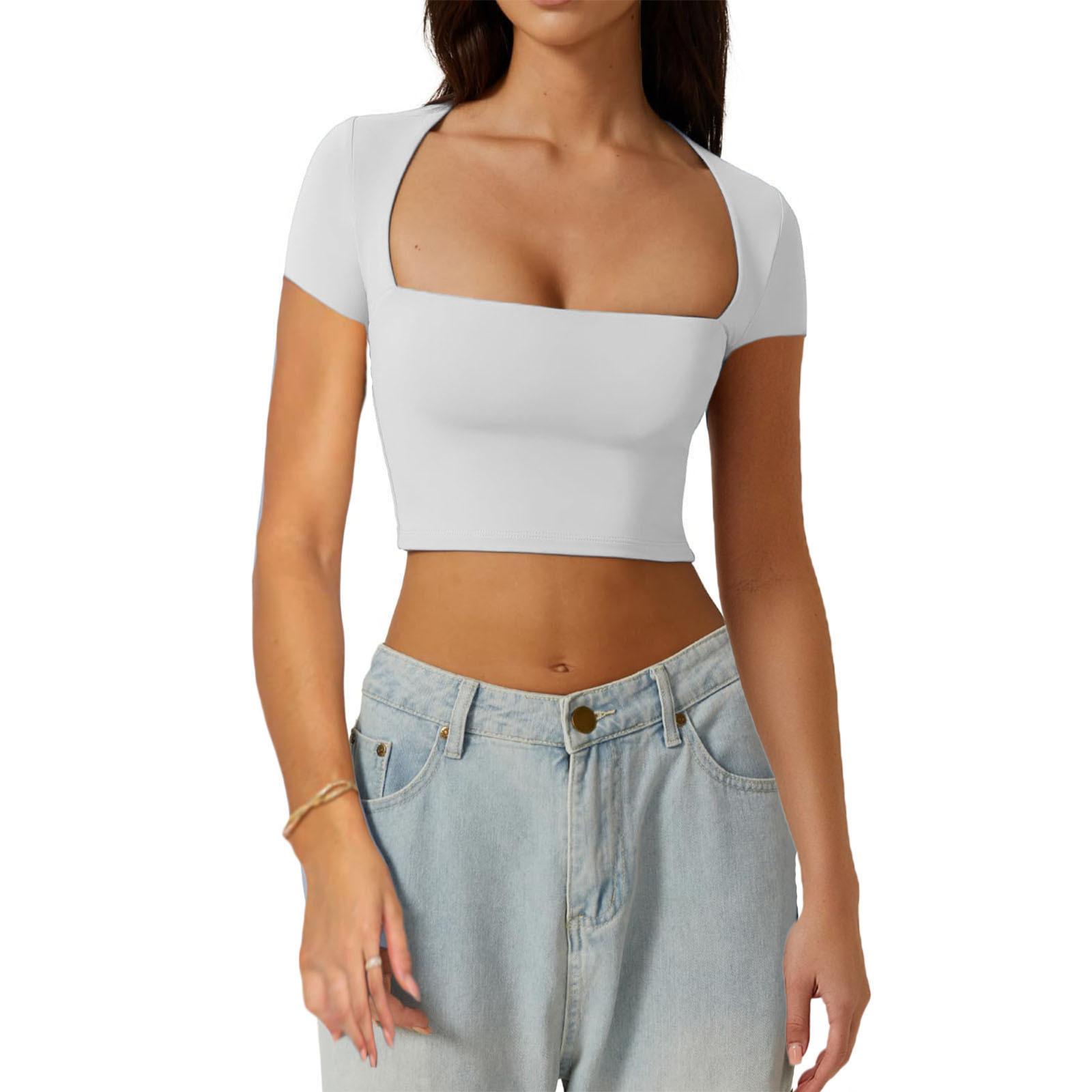 

Женская модная приталенная однотонная рубашка с квадратным вырезом, нежная футболка с короткими рукавами, топ XL белый