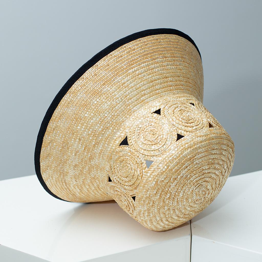 

Fashion Design Black Flowing Ribbon Straw Hat French Elegant Ladies Seaside Travel Sun Hat Hepburn Style Wide Brim Straw Hat 56-58CM