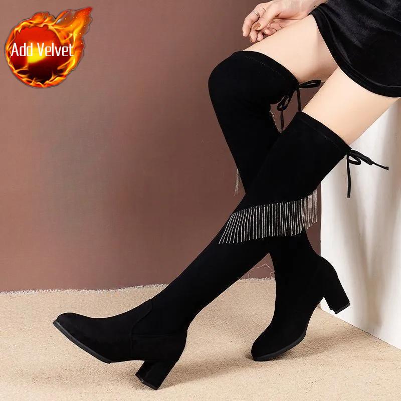 Black Round Toe Tassel Elegant Heeled Thigh High Boots for Women Autumn Winter Comfortable Chic Above Over The Knee Shoes Woman