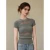 French gray hollow ice silk short-sleeved knitted T-shirt women's summer spice girl micro-transparent design sense slim and thin top