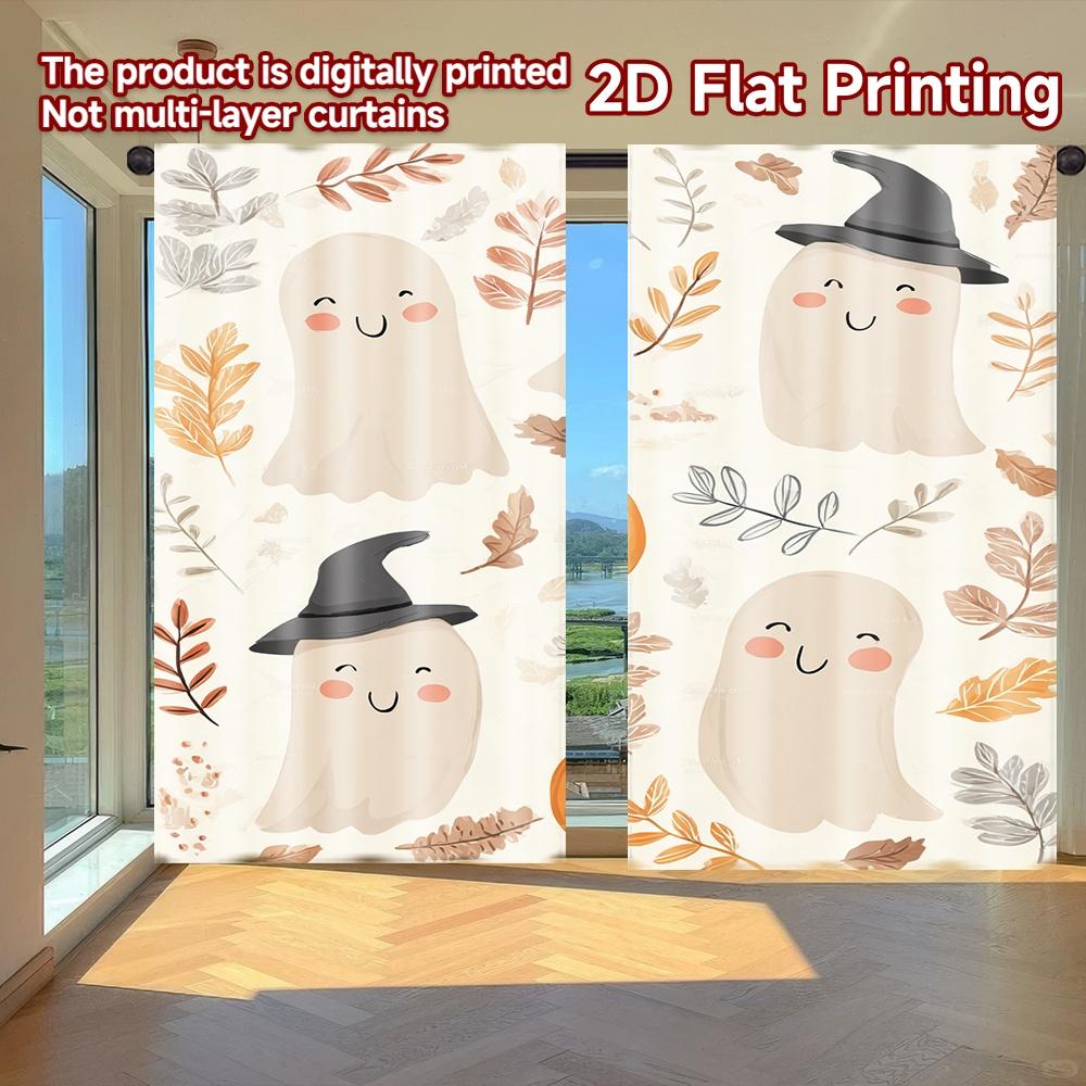 

Set Of 2 Flat Printing Curtains Without Rod Halloween Ghosts Pumpkins April Fools Is Day Holiday Yarn Curtain Made Polyester W100*H70(CM)-Hooks&1PCS