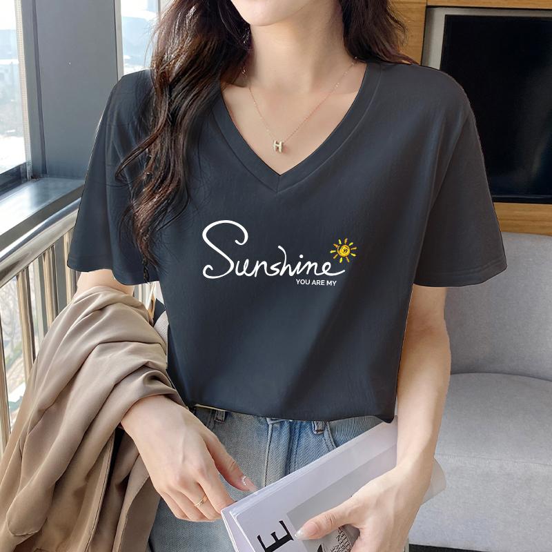 Pure cotton short-sleeved v-neck t-shirt women's loose summer casual versatile front shoulder pure cotton chicken heart collar top 2025 new