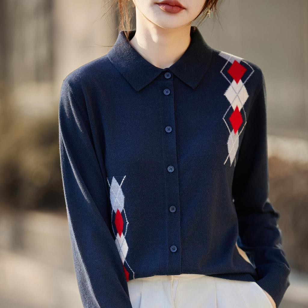 Women's French Retro Diamond Pattern Wool Knit Cardigan - Long Sleeve, Slimming Fit