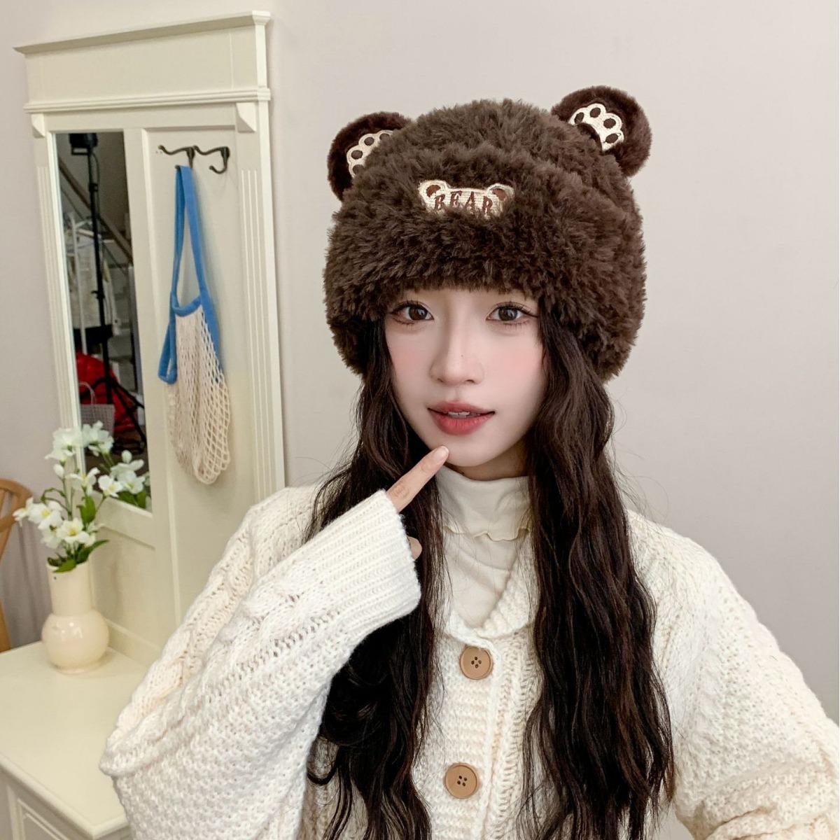 

Cute Little Bear Women s Plush Hat In Autumn and Winter Plush New Korean Knitted Hat Versatile Warmth and Thick Ears one size