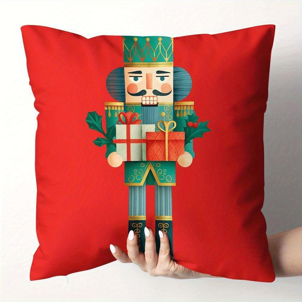 On the Red Pillow, the Nutcracker, Reindeer, Santa Claus and Snowman Bring Gifts for New Year Home Decoration 2d Flat Printing