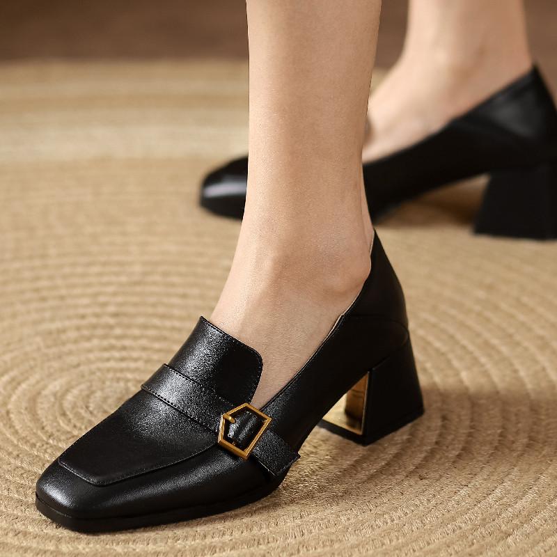Genuine Leather Medium Heels Pumps Women Shoes Fashion Black Beige Heeled Loafers Large Size Spring Office Party Shoes Female