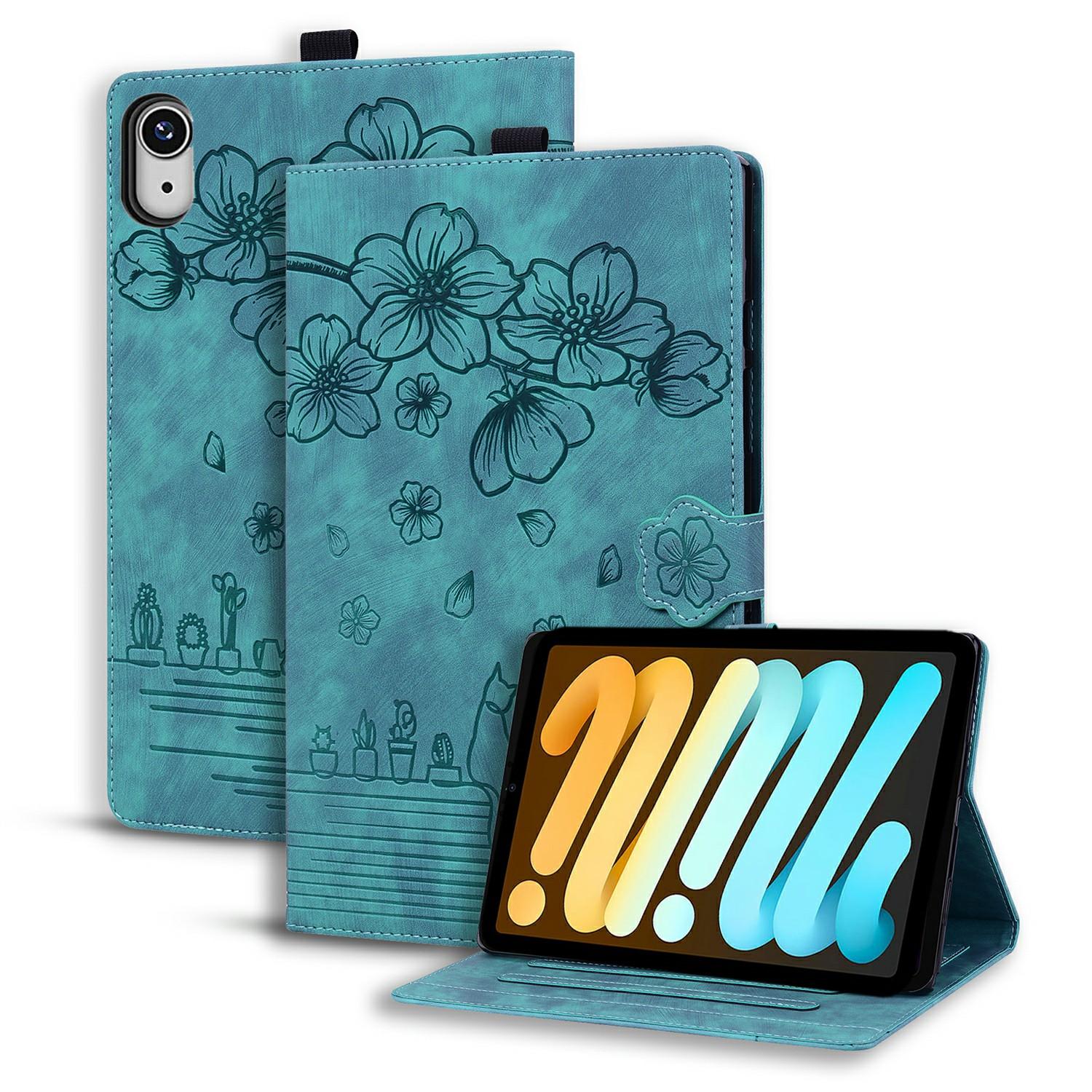 

Для iPad mini (2024)/міні (2021 рік) Чохол-книжка Шкіряний Чохол для Телефону з Тисненням Квітки Сакури та Кота Green