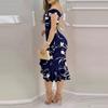 Women's Casual Party Dresses Flower Print Irregular Hem One Shoulder Sexy Backless Mermaid Dress