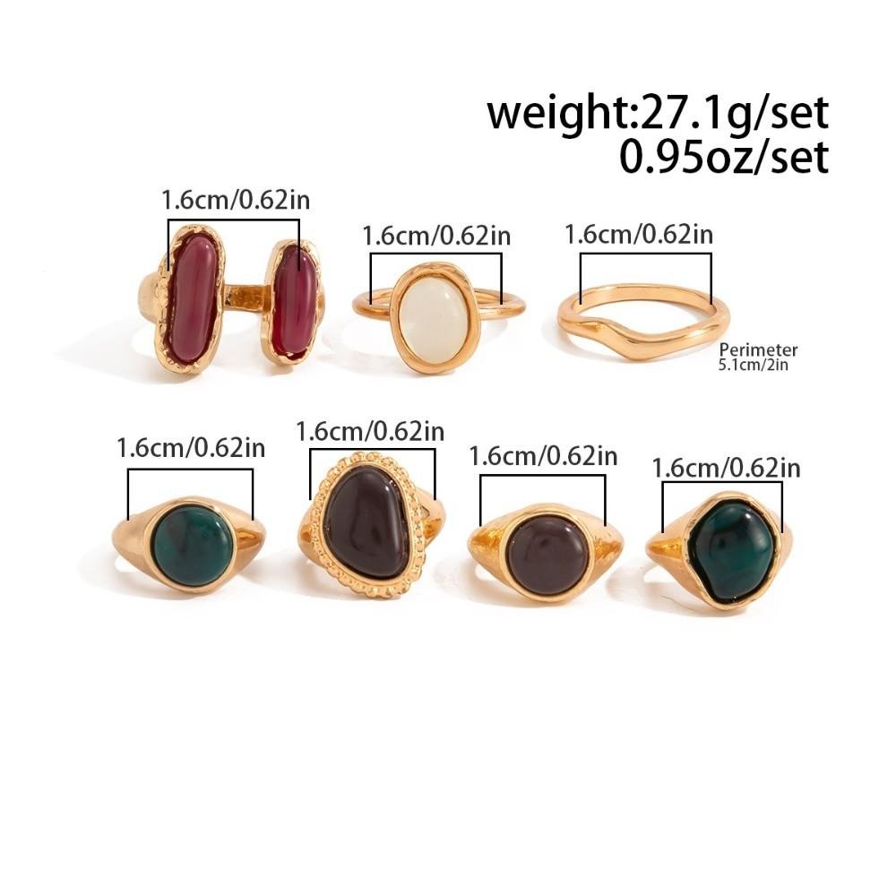7Pcs/Set Gold Tone Metal Bezel Geometric Gem Ring Finger Ring Jewelry Holiday Occasion
