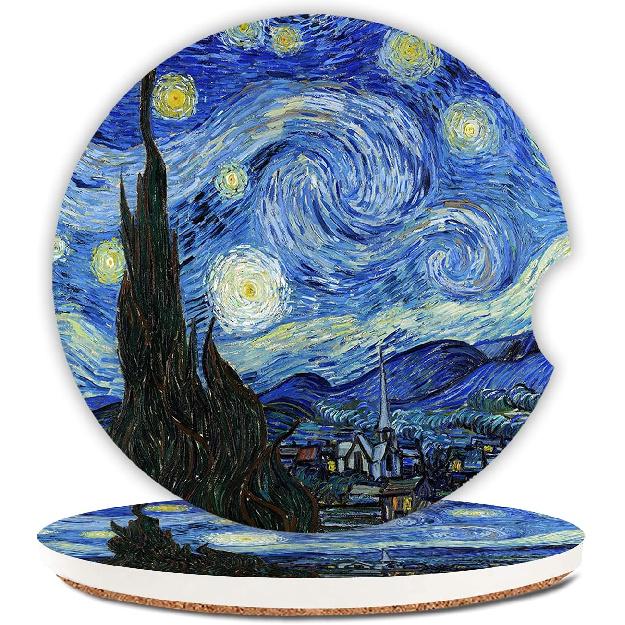 Ceramic Cup Holders Car Coasters for Women/Men,Cool Absorbent Drink Cup Car Holder Coasters with A Finger Notch 2.56" Pack of 2,Blue Marble Gold