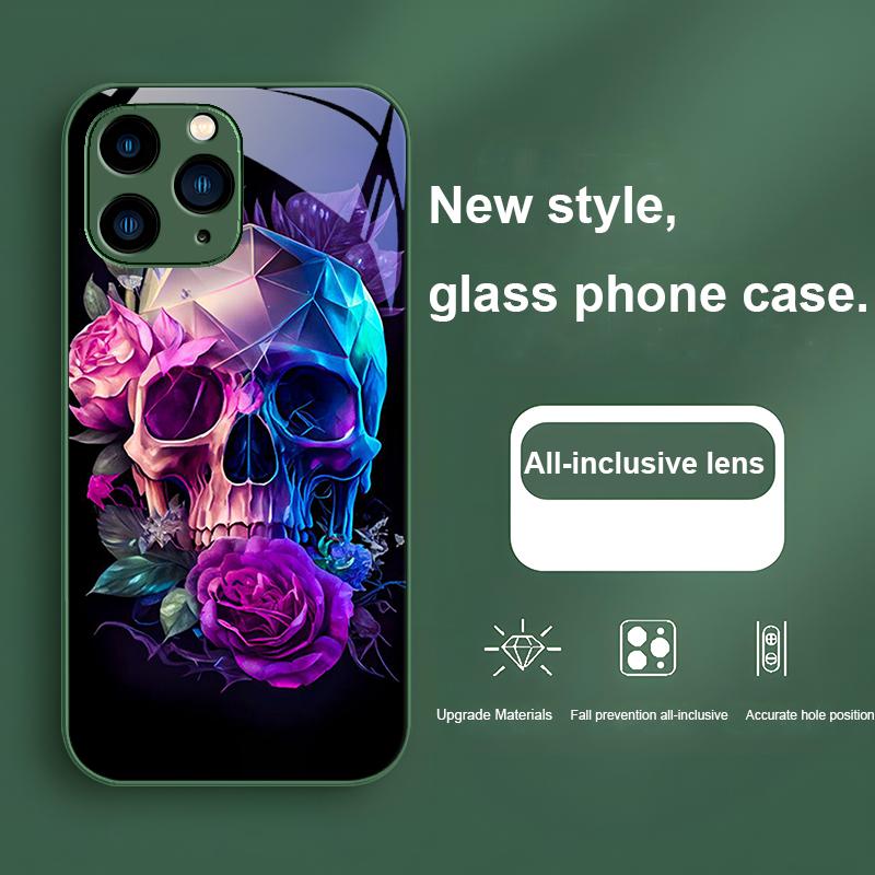 Cartoon Rose And Skull Purple For Iphone 15 14 13 12 Mini 11 Pro Max X XS XR 7 8 Plus 2020 22 SE Tempered Glass Phone Case