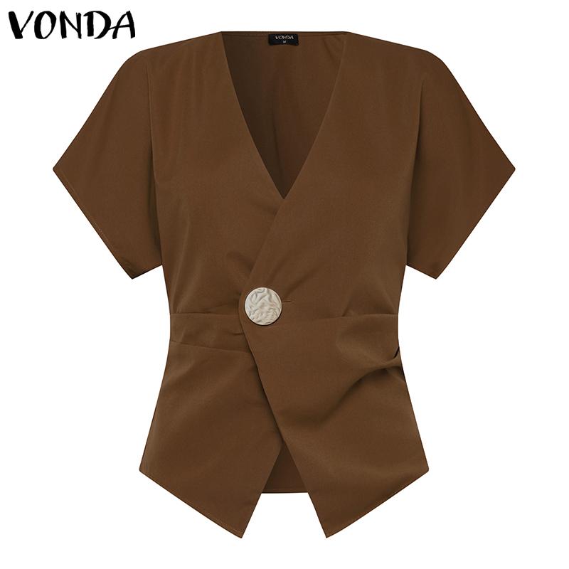 

VONDA женская летняя рубашка с v-образным вырезом и короткими рукавами, косой планкой и пуговицами, однотонная рубашка на талии