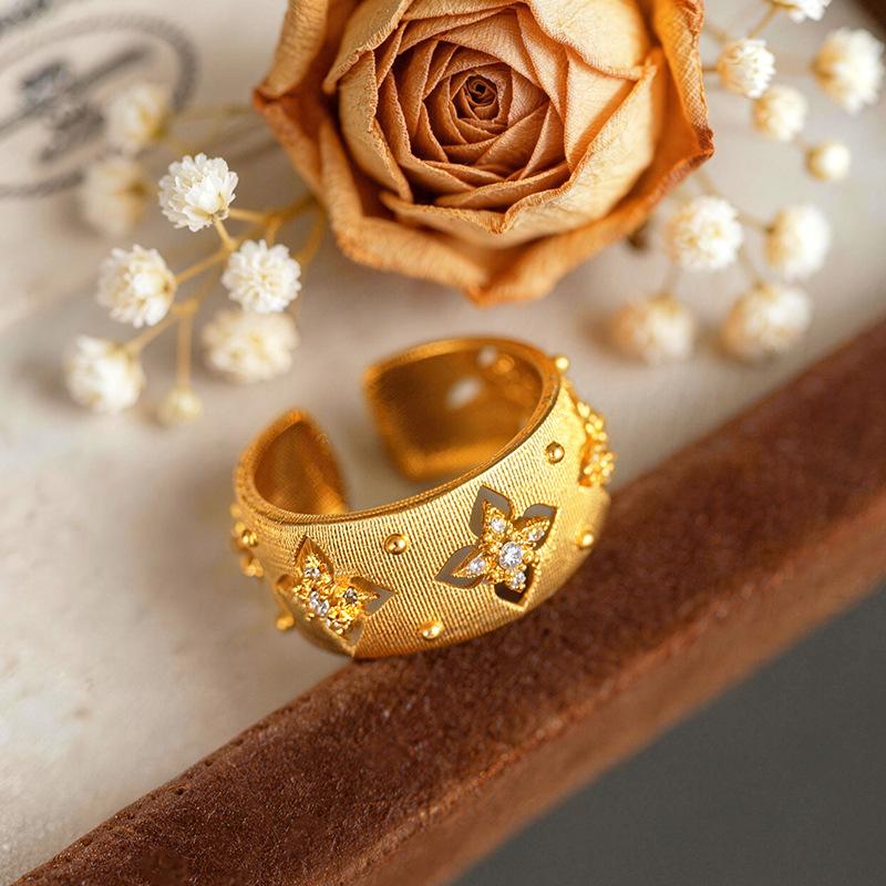Comfortable Wearing Brushed Diamond-Studded Open Ring For Women 24K Gold Au999 | Smooth Edge, Pressure-Free All Day
