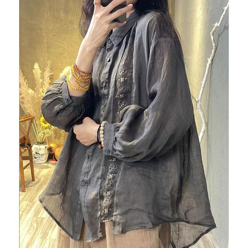 Printed Cotton and Linen Shirt Loose Elegant Casual Versatile Women Top